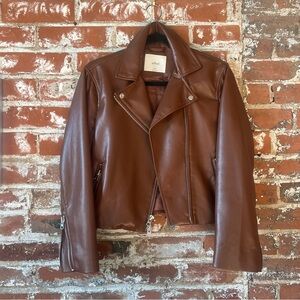 Aritzia Diaz Cognac Brown Faux Leather Moto Jacket